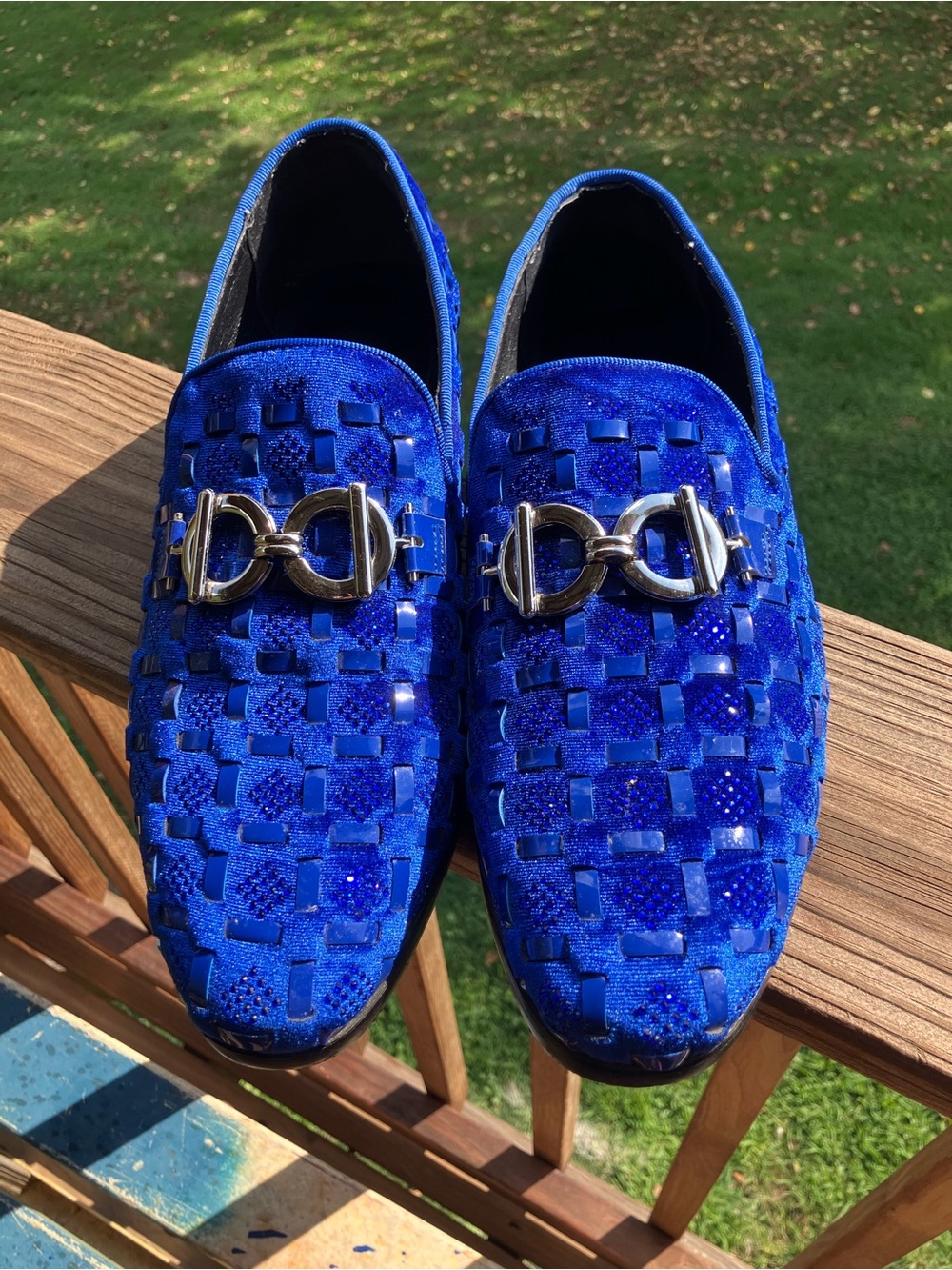 Enzo Romeo Men's Electric Blue Velvet Loafers with Silver Hardware